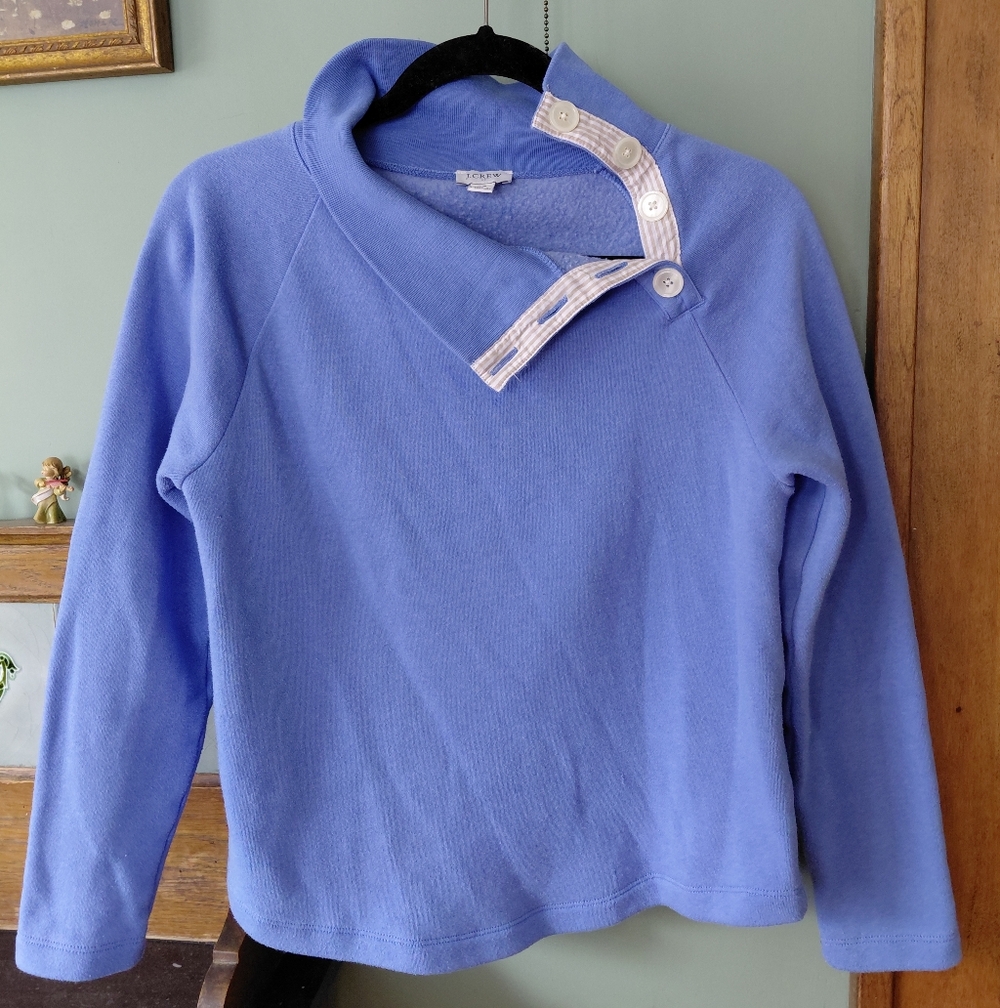 J. Crew Wide Button-Collar Pullover Sweatshirt in Cloudspun Fleece Blue - Picture 1 of 7